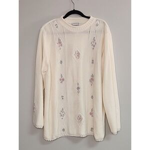 Vintage Napa Valley Womens XL Ivory Embroidered Beaded Soft Knit Sweater Grandma